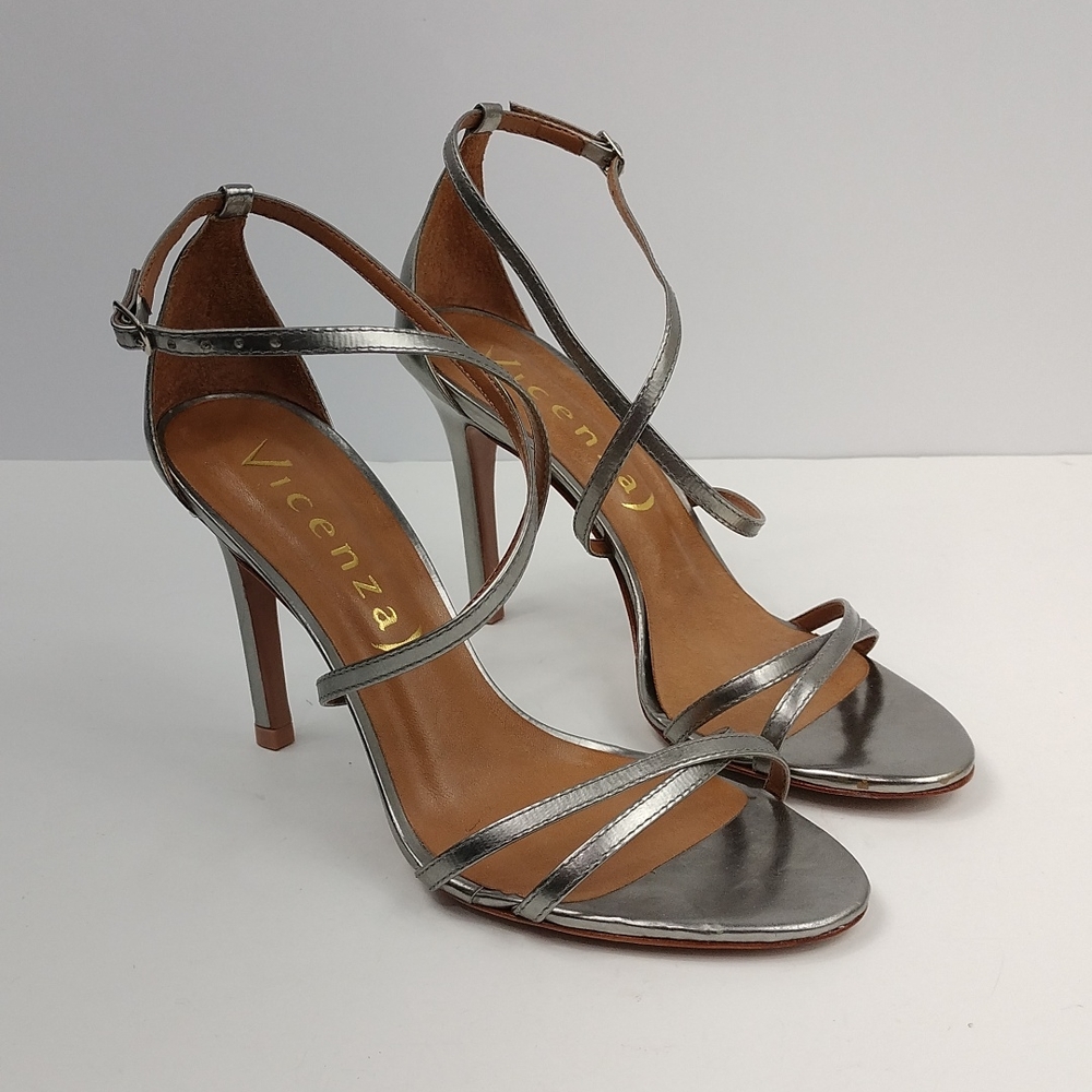 Anthropologie Vicenza Cross Strap Silver Heels